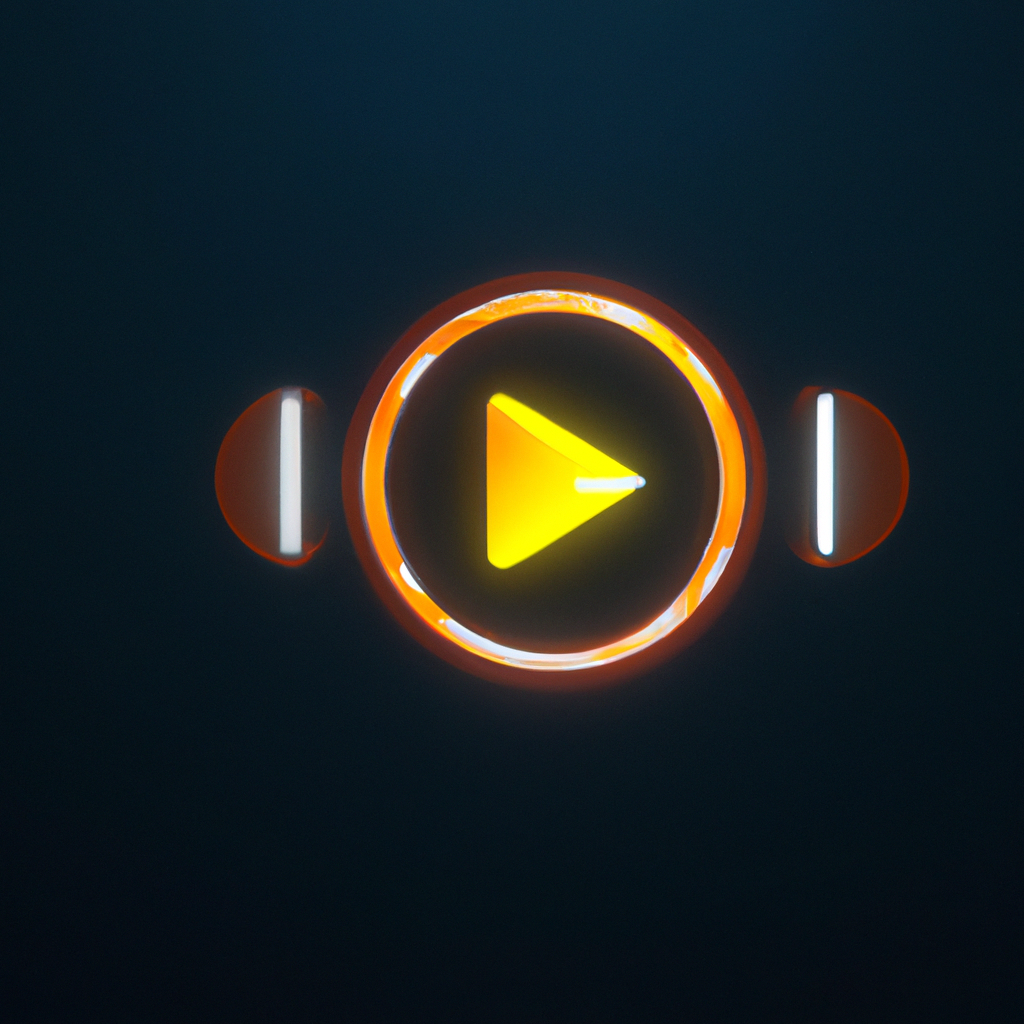 Превью интерфейса со значком воспроизведения, темный фон и неоновые контролы